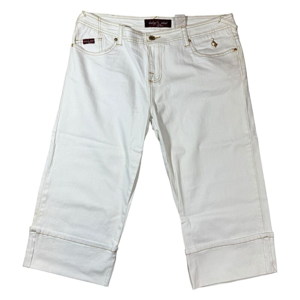 VTG Baby Phat White Cropped Jeans Denim Gold Trim Y2K Capri Style Womans Size 15